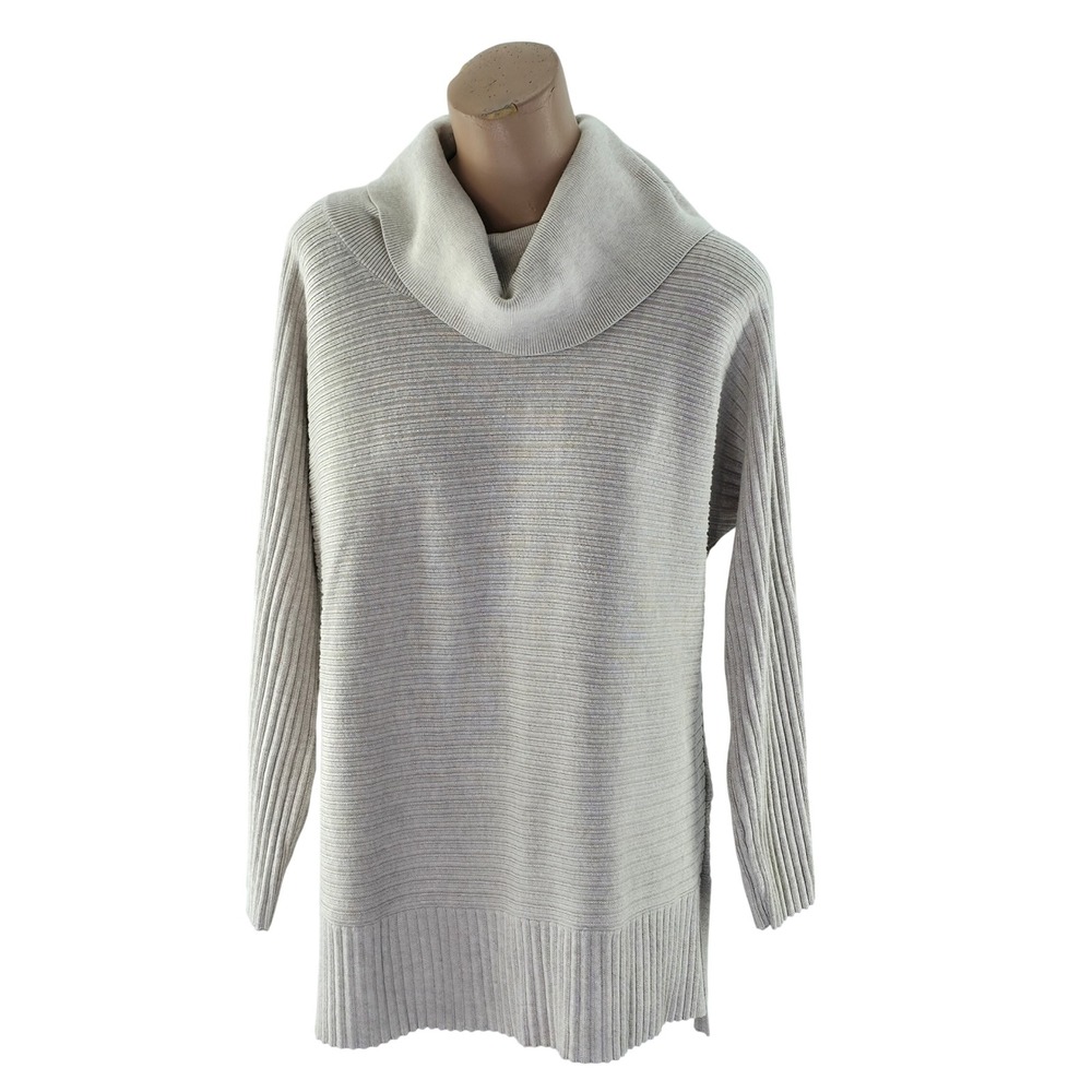 Talbots Cowl Neck Tunic Sweater‎ Womens Large Oatmeal Ribbed Knit Side Slit 6344